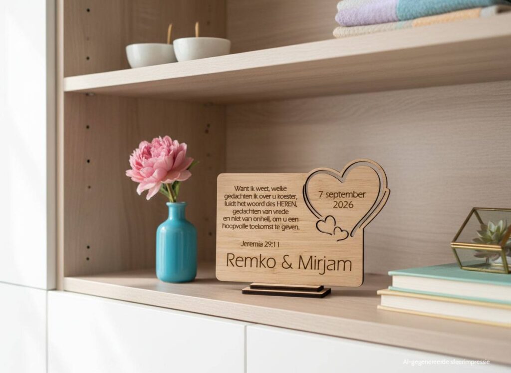 AI-gegenereerde sfeerimpressie van een houten huwelijkscadeau, personaliseerbaar met namen bruidspaar, trouwdatum en persoonlijke boodschap of trouwtekst