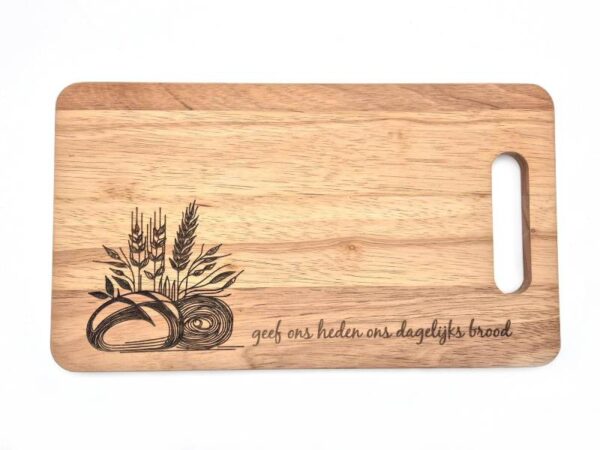 Borrelplank van rubberhout te personaliseren met afbeelding en of Bijbeltekst voor Christelijk cadeau of relatiegeschenk.