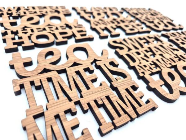 Set onderzetters hout, creatief, bamboe, thema thee, theme tea, leuke teksten over thee