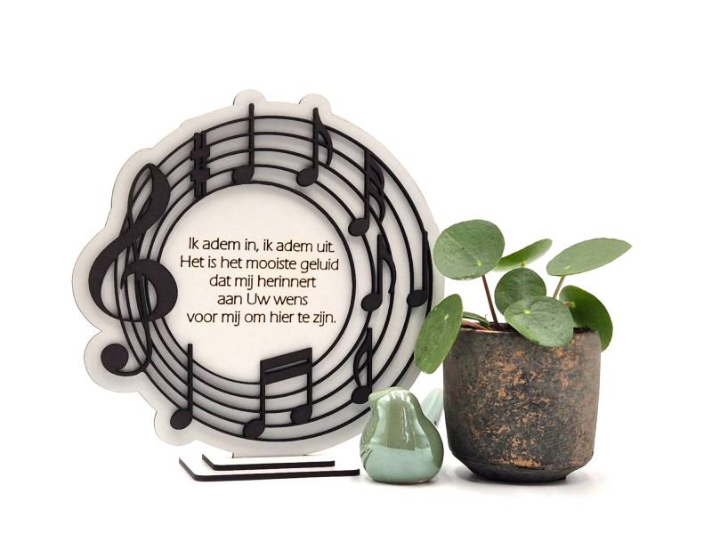 Op maat gemaakt cadeau in muziekthema. Witte achtergrond met zwarte muzieknoten en de lyrics van een lied.